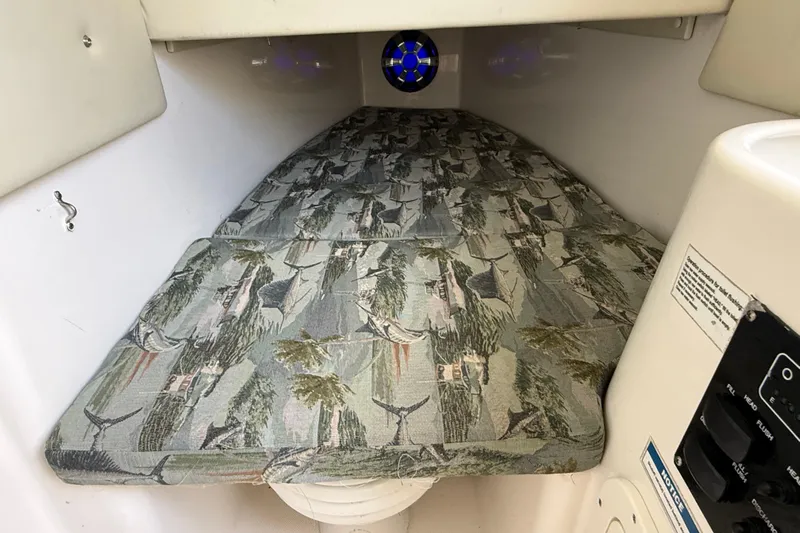 Big Blue Yacht Photos Pics 2017 Century 3200 Center Console cabin with patterned bedding and control panel.