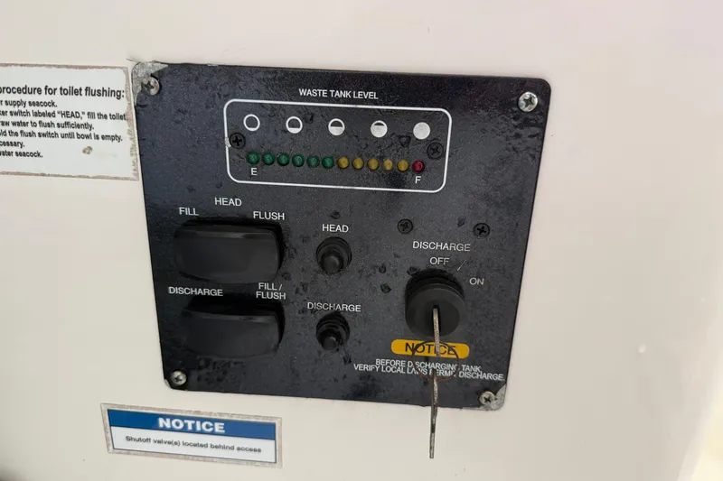 Big Blue Yacht Photos Pics Control panel for waste tank management on a 2017 Century 3200 Center Console boat.