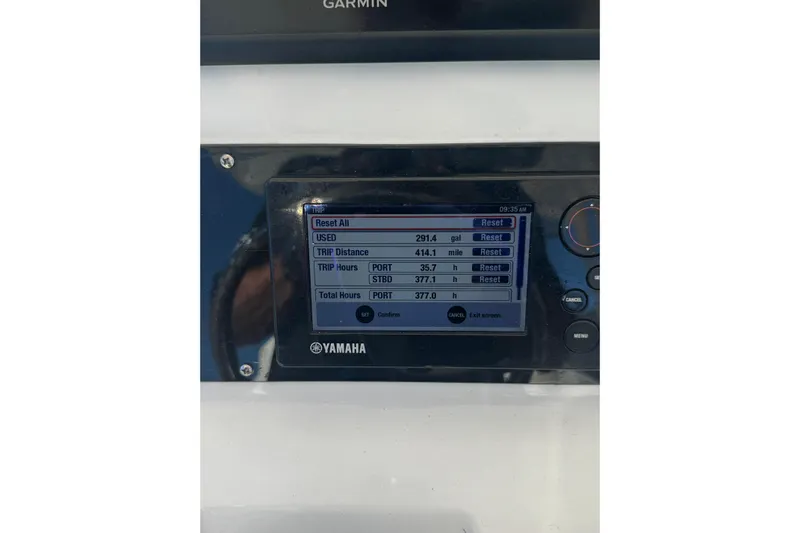  Yacht Photos Pics Yamaha display on 2015 Edgewater 320CC showing trip data and fuel usage.