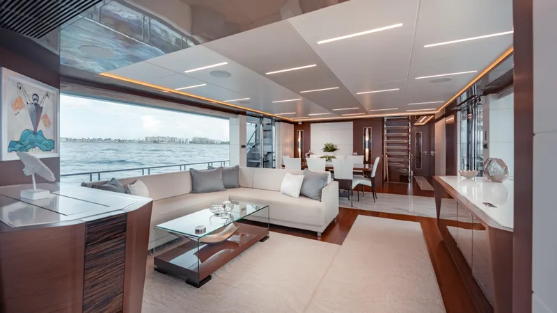 Pinch Me Yacht Photos Pics Luxurious interior of 2021 Ocean Alexander 28R yacht with modern furnishings and ocean view.