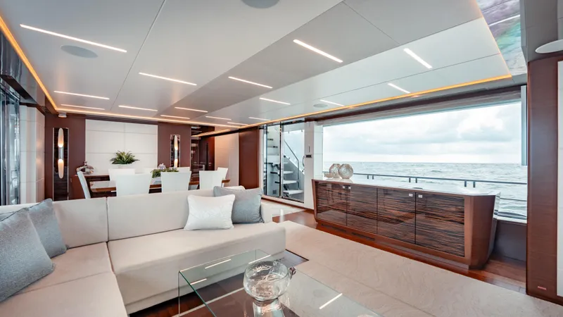 Pinch Me Yacht Photos Pics Luxurious interior of 2021 Ocean Alexander 28R yacht with ocean view.