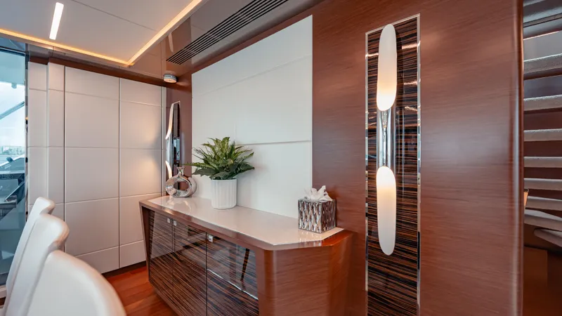 Pinch Me Yacht Photos Pics Luxurious interior of 2021 Ocean Alexander 28R yacht with modern decor and elegant lighting.
