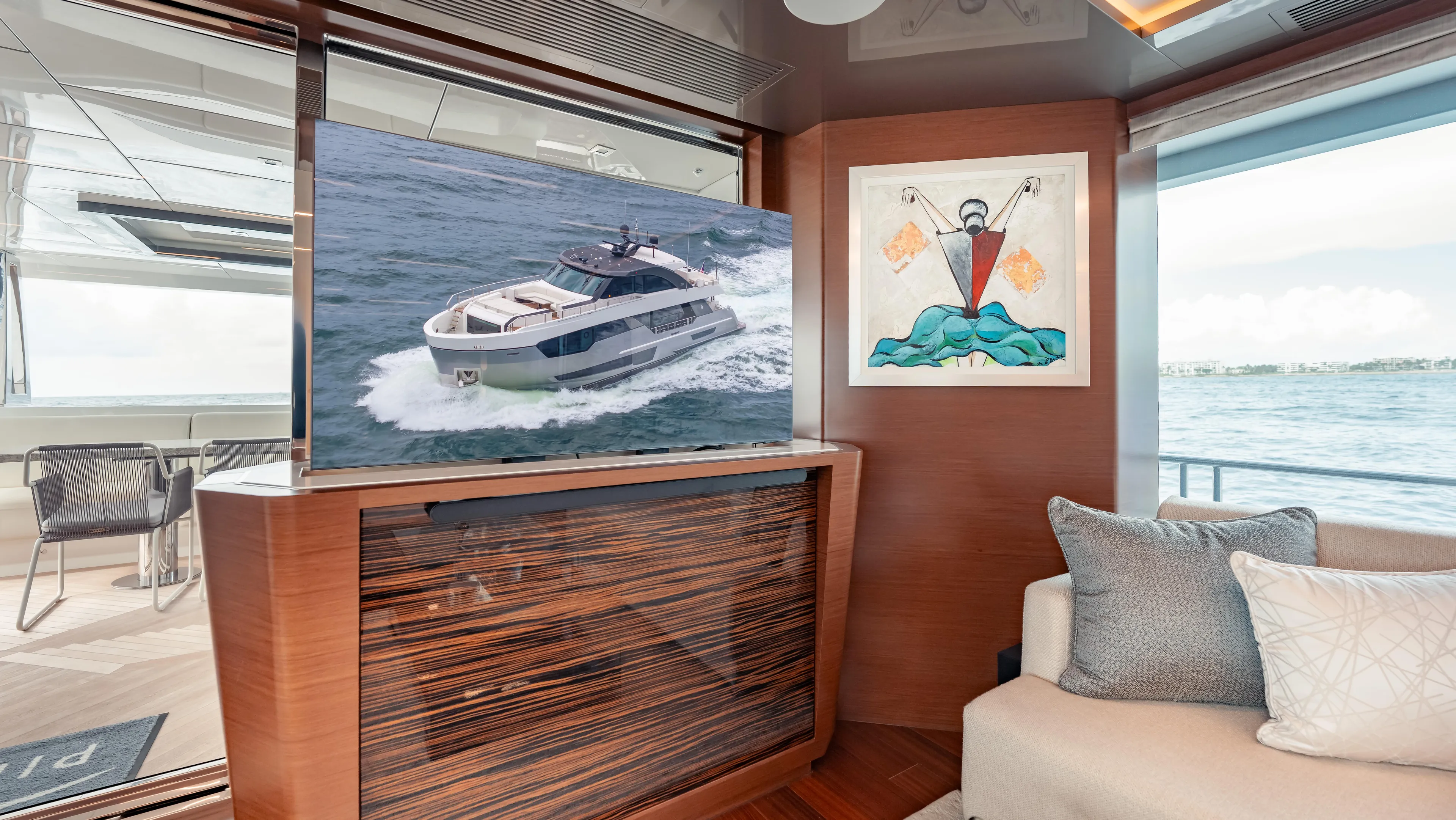 Pinch Me Yacht Photos Pics Luxurious interior of 2021 Ocean Alexander 28R yacht with modern decor and ocean view.