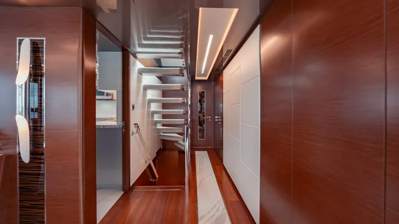 Pinch Me Yacht Photos Pics Luxurious interior of 2021 Ocean Alexander 28R yacht with modern wood paneling and sleek design.