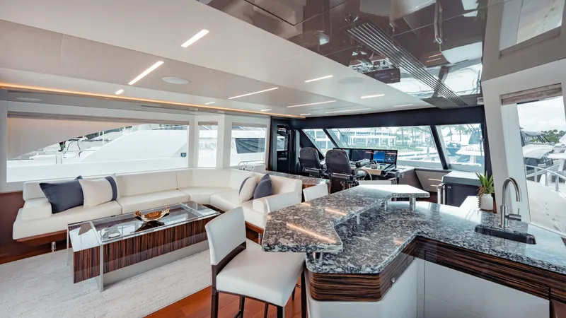 Pinch Me Yacht Photos Pics Luxurious interior of 2021 Ocean Alexander 28R yacht with modern design and spacious seating.