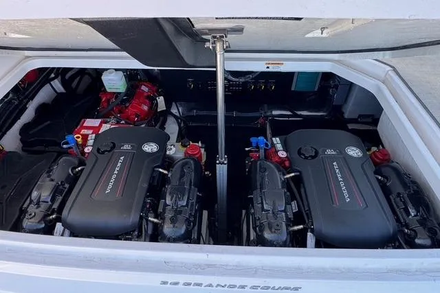  Yacht Photos Pics Engine compartment of a 2021 Regal 36 Grande Coupe with dual Volvo Penta engines.