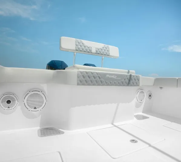  Yacht Photos Pics 2026 Front Runner 33 Center Console boat interior with speakers and cushioned seating.