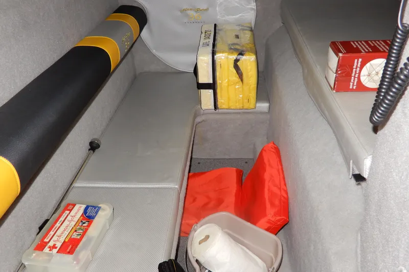  Yacht Photos Pics 2008 Nor-Tech 3600 Supercat interior with safety equipment and storage items.