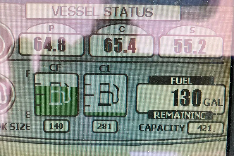  Yacht Photos Pics Display screen showing vessel status and fuel levels for a 2009 Boston Whaler 345 Conquest.