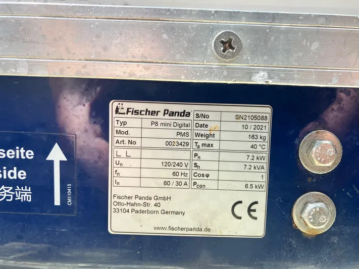  Yacht Photos Pics Label on Fischer Panda generator, model P8 mini Digital, specifications and serial number visible.