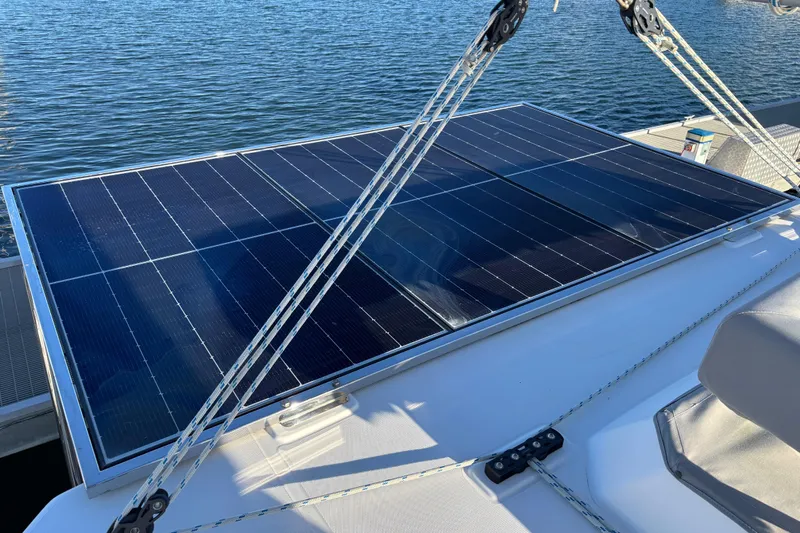  Yacht Photos Pics Solar panels on a 2022 Leopard 42 catamaran, harnessing renewable energy on the water.