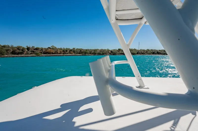  Yacht Photos Pics 2019 Jupiter 38 HFS boat on turquoise water under clear blue sky.