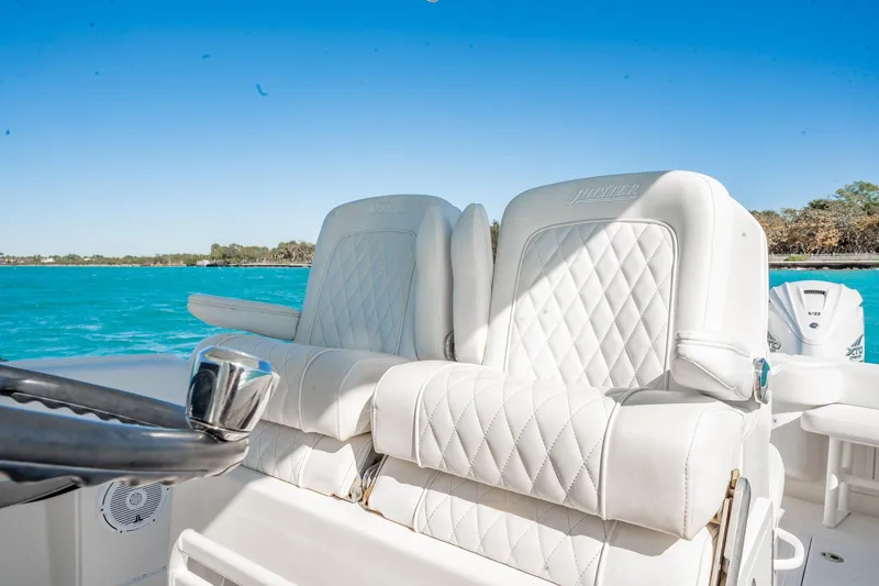  Yacht Photos Pics Luxurious seating on 2019 Jupiter 38 HFS boat with ocean view.
