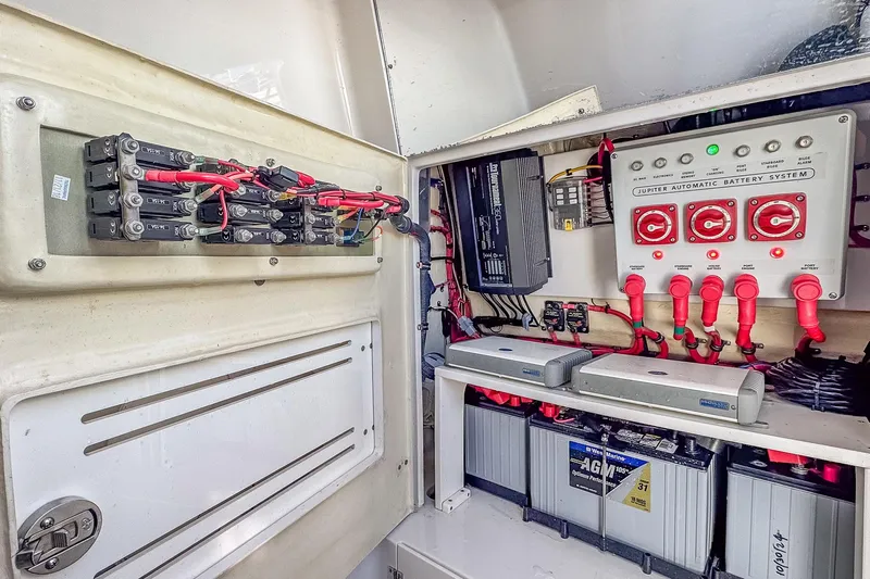  Yacht Photos Pics Electrical system of 2019 Jupiter 38 HFS boat with battery management components.
