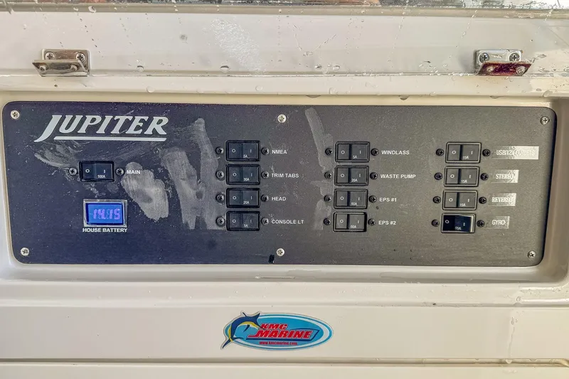  Yacht Photos Pics Control panel of 2019 Jupiter 38 HFS boat with various switches and battery display.