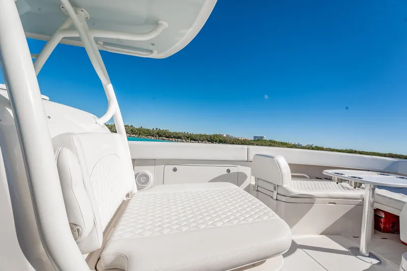  Yacht Photos Pics 2019 Jupiter 38 HFS boat interior with white seating and clear blue sky.