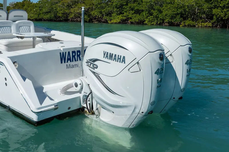  Yacht Photos Pics 2019 Jupiter 38 HFS boat with twin Yamaha 425 XTO outboard engines in clear water.
