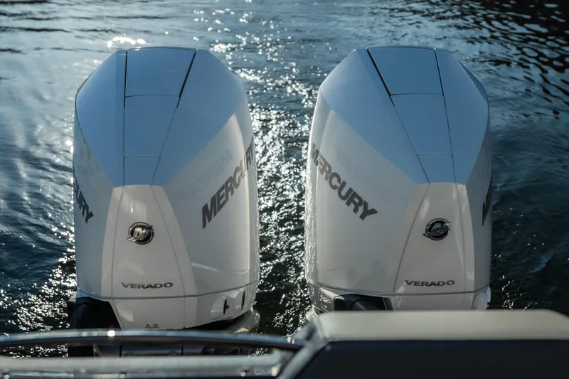  Yacht Photos Pics Twin Mercury Verado outboard engines on a 2026 Monterey Elite 30 OB boat.