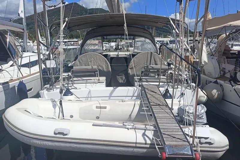 "jocale Ii" Yacht Photos Pics 2016 Hanse 455 sailboat docked with inflatable dinghy and gangway.