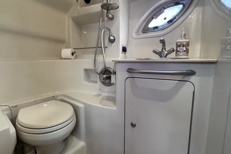  Yacht Photos Pics Luxurious bathroom in 2008 Sea Ray 350 Sundancer yacht with modern fixtures.