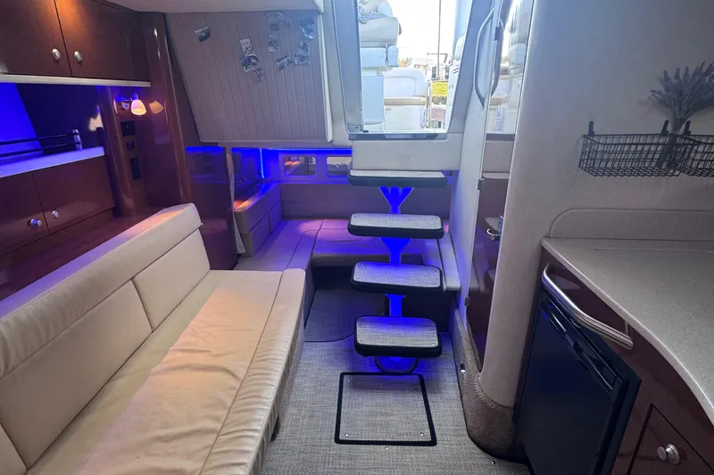  Yacht Photos Pics Interior of 2008 Sea Ray 350 Sundancer yacht with modern seating and ambient lighting.