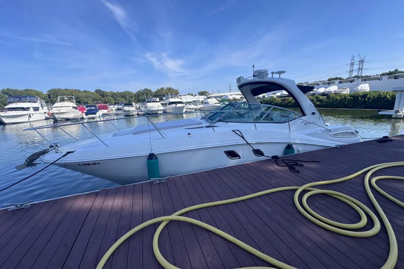  Yacht Photos Pics 2008 Sea Ray 350 Sundancer docked at marina, surrounded by other boats.