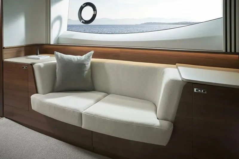  Yacht Photos Pics Luxurious interior of 2026 Princess F65 yacht with elegant seating and ocean view.