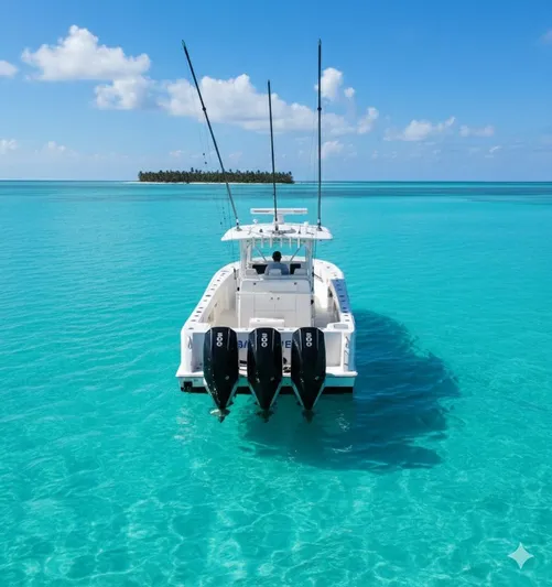 Remote Work Yacht Photos Pics SeaVee 370Z 2021 boat on turquoise water with island in background.
