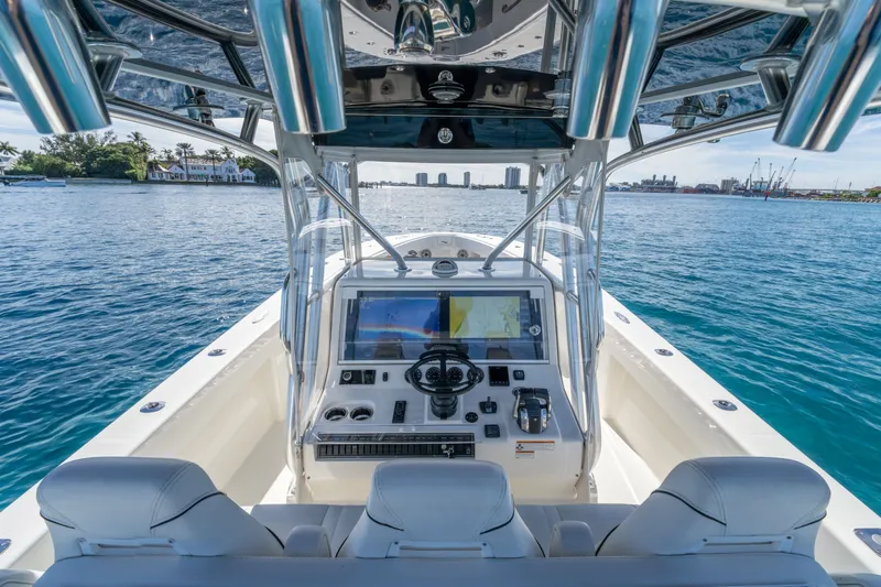 Remote Work Yacht Photos Pics Interior view of 2021 SeaVee 370z boat with modern helm console.