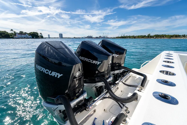 Remote Work Yacht Photos Pics Triple Mercury engines on a 2021 SeaVee 370z boat.