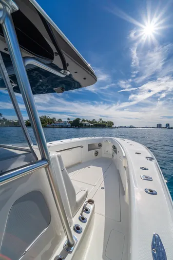 Remote Work Yacht Photos Pics SeaVee 370z boat on sunny waters, 2021 model.