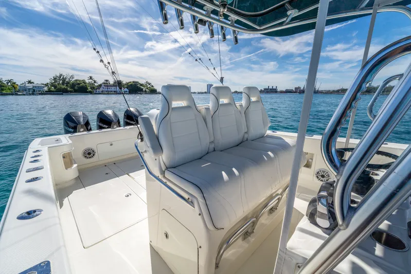 Remote Work Yacht Photos Pics Interior view of a 2021 SeaVee 370z boat on the water.