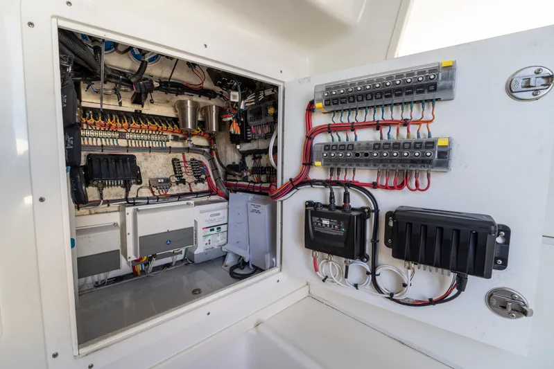 Remote Work Yacht Photos Pics 2021 SeaVee 370z electrical panel with wiring.