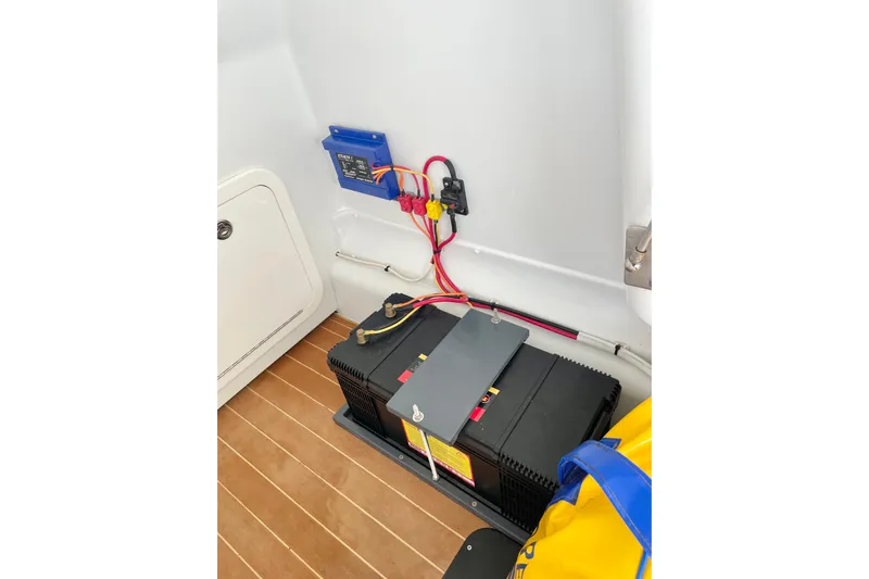  Yacht Photos Pics 2018 Yellowfin 36 Offshore boat battery compartment with wiring and equipment.