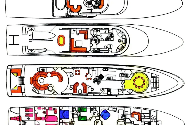 Starship Yacht Photos Pics Blueprint of 1988 Van Mill Custom yacht, showcasing detailed deck layouts and interior design.