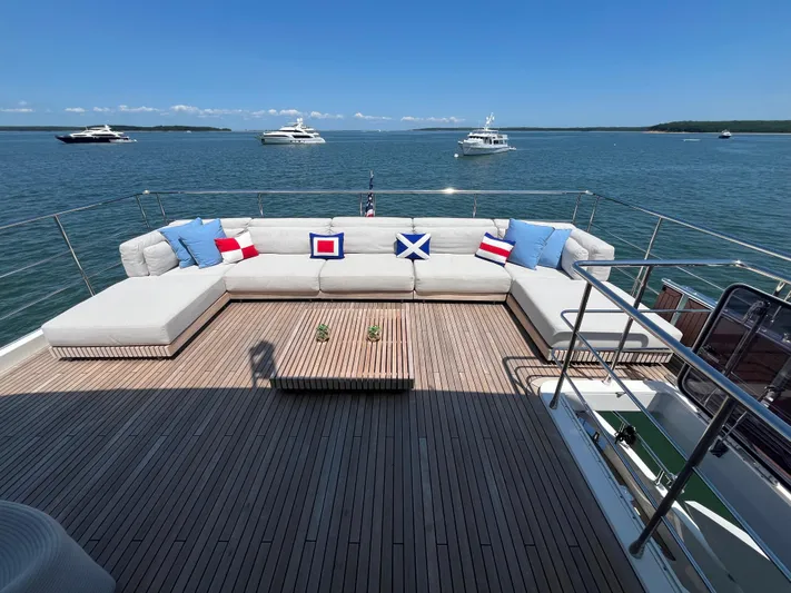 Mastermind Yacht Photos Pics Luxurious 2019 Azimut Grande 27M yacht deck with elegant seating and ocean view.