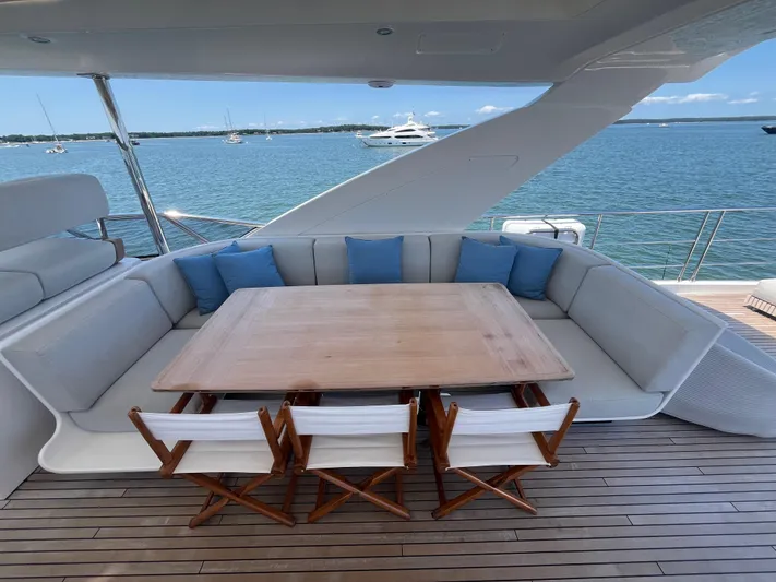 Mastermind Yacht Photos Pics Outdoor seating area on 2019 Azimut Grande 27M yacht with ocean view.