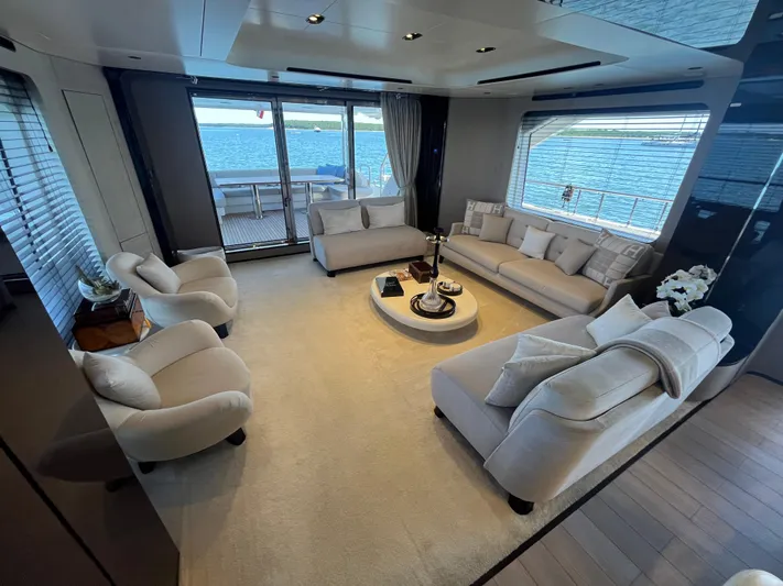 Mastermind Yacht Photos Pics Luxurious interior of 2019 Azimut Grande 27M yacht with elegant seating and sea view.