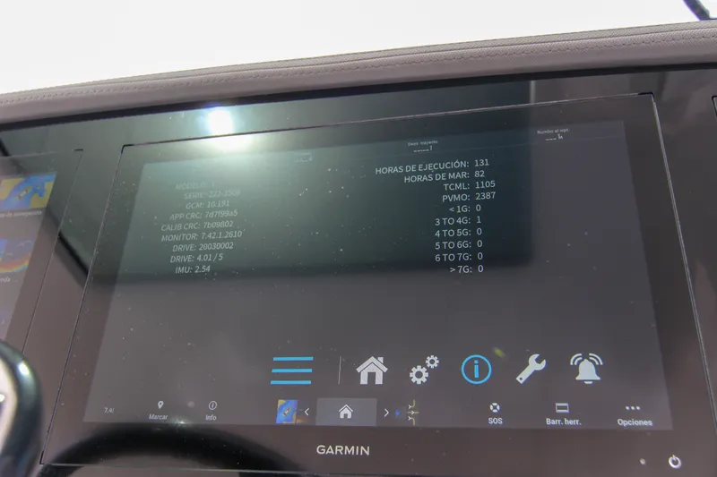  Yacht Photos Pics Garmin display on 2023 Regal 38 SAV boat showing system diagnostics and settings.