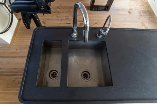 Vandal Yacht Photos Pics Dual sink setup on 2014 Gunboat 55 yacht with sleek chrome faucets.