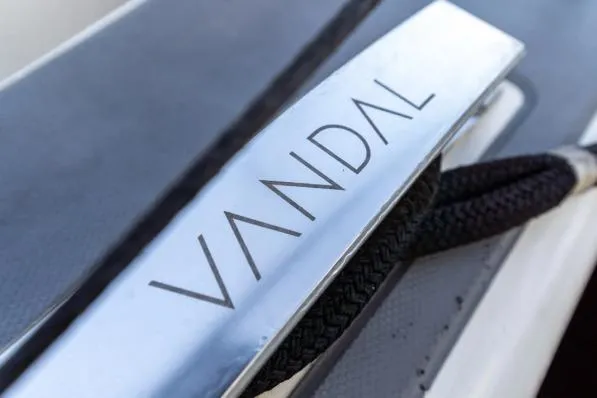 Vandal Yacht Photos Pics Close-up of "VANDAL" nameplate on 2014 Gunboat 55 yacht.