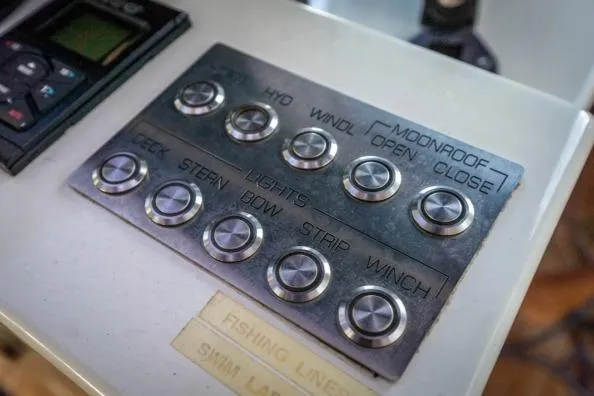 Vandal Yacht Photos Pics Control panel on a 2014 Gunboat 55 yacht with labeled buttons for various functions.