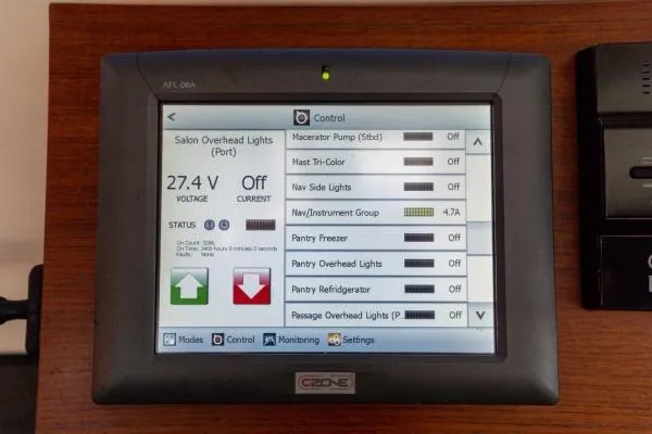Vandal Yacht Photos Pics Control panel display on a 2014 Gunboat 55, showing electrical system status and settings.