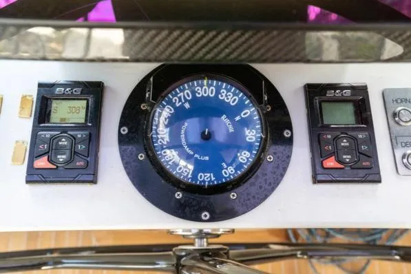 Vandal Yacht Photos Pics Control panel of a 2014 Gunboat 55 yacht with navigation instruments.