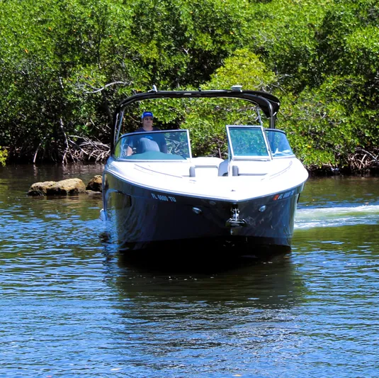Sea M.a.j.i.c. Yacht Photos Pics 2022 Regal 33 OBX boat cruising on a calm river with lush greenery.