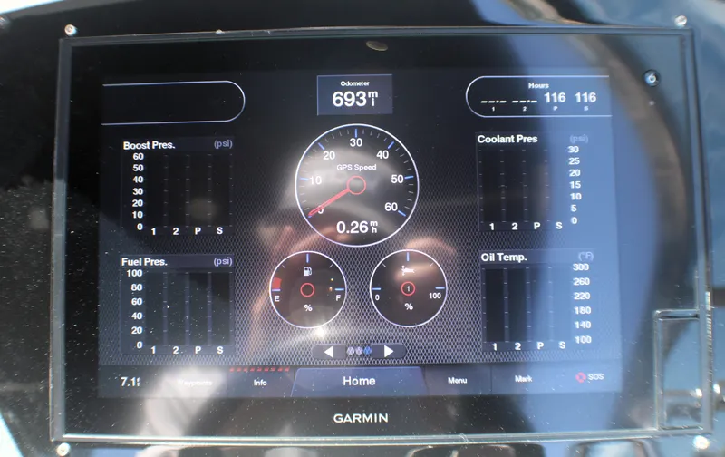Sea M.a.j.i.c. Yacht Photos Pics Garmin display on 2022 Regal 33 OBX showing speed, odometer, and engine metrics.