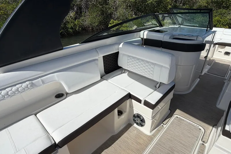  Yacht Photos Pics 2020 Sea Ray SDX 290 Outboard boat interior with white seating and modern design.