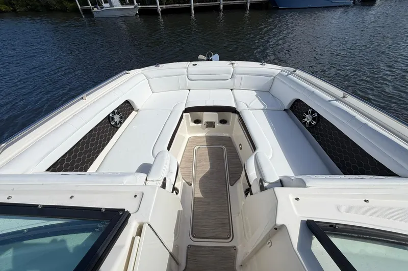  Yacht Photos Pics 2020 Sea Ray SDX 290 Outboard boat interior with white seating and water view.