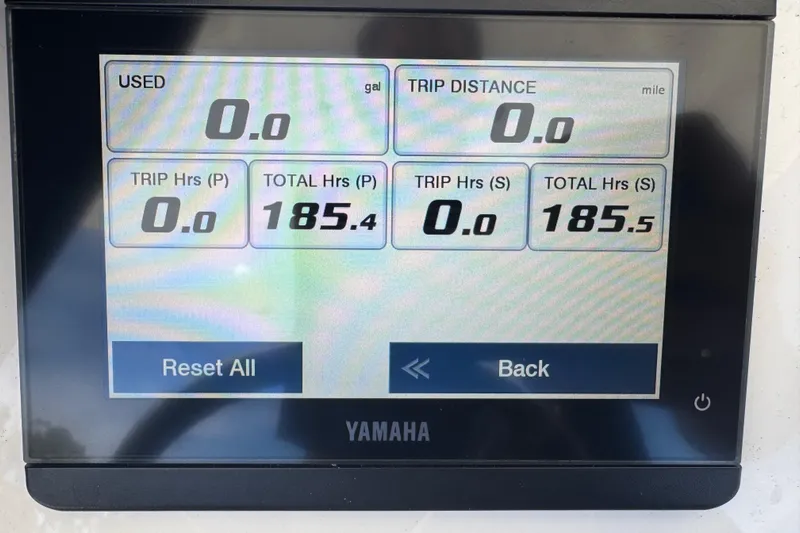  Yacht Photos Pics Yamaha display showing trip and total hours for 2022 Regulator 31 boat.