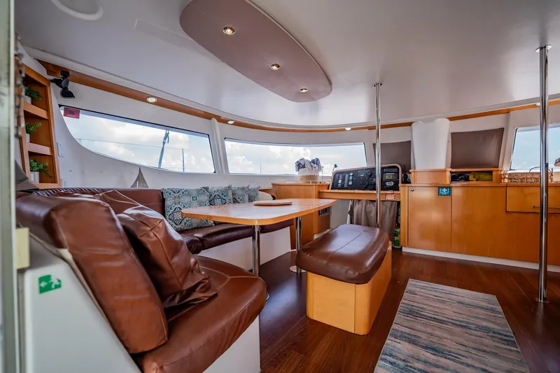 Bellamaggio Yacht Photos Pics Luxurious interior of 2008 Fountaine Pajot Salina 48 Evolution catamaran with leather seating and modern design.